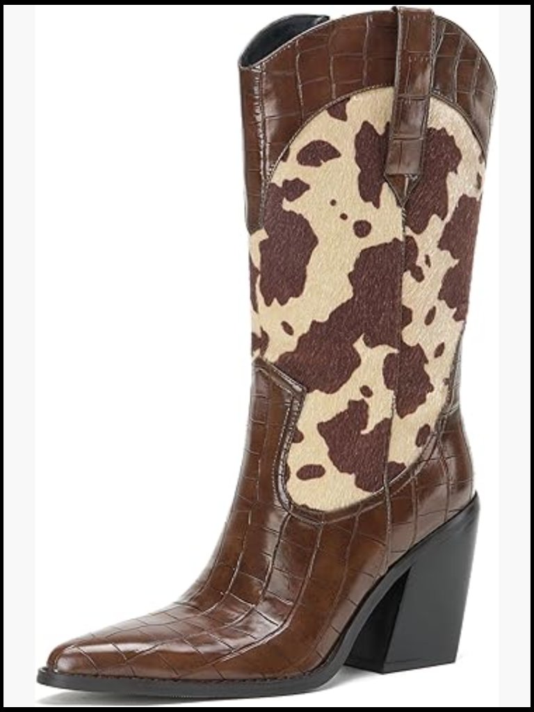 Western Cowboy Boots Pointed Toe Chunky Heel Mid Calf Embossed Animal Print